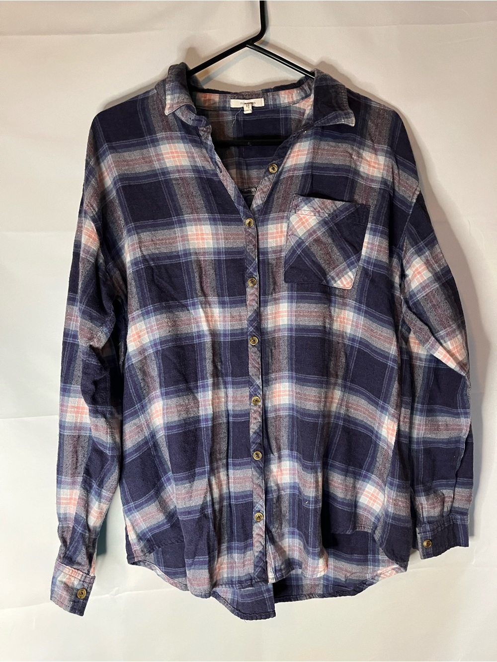 Maurices Navy and Pink Plaid Button-Up Shirt